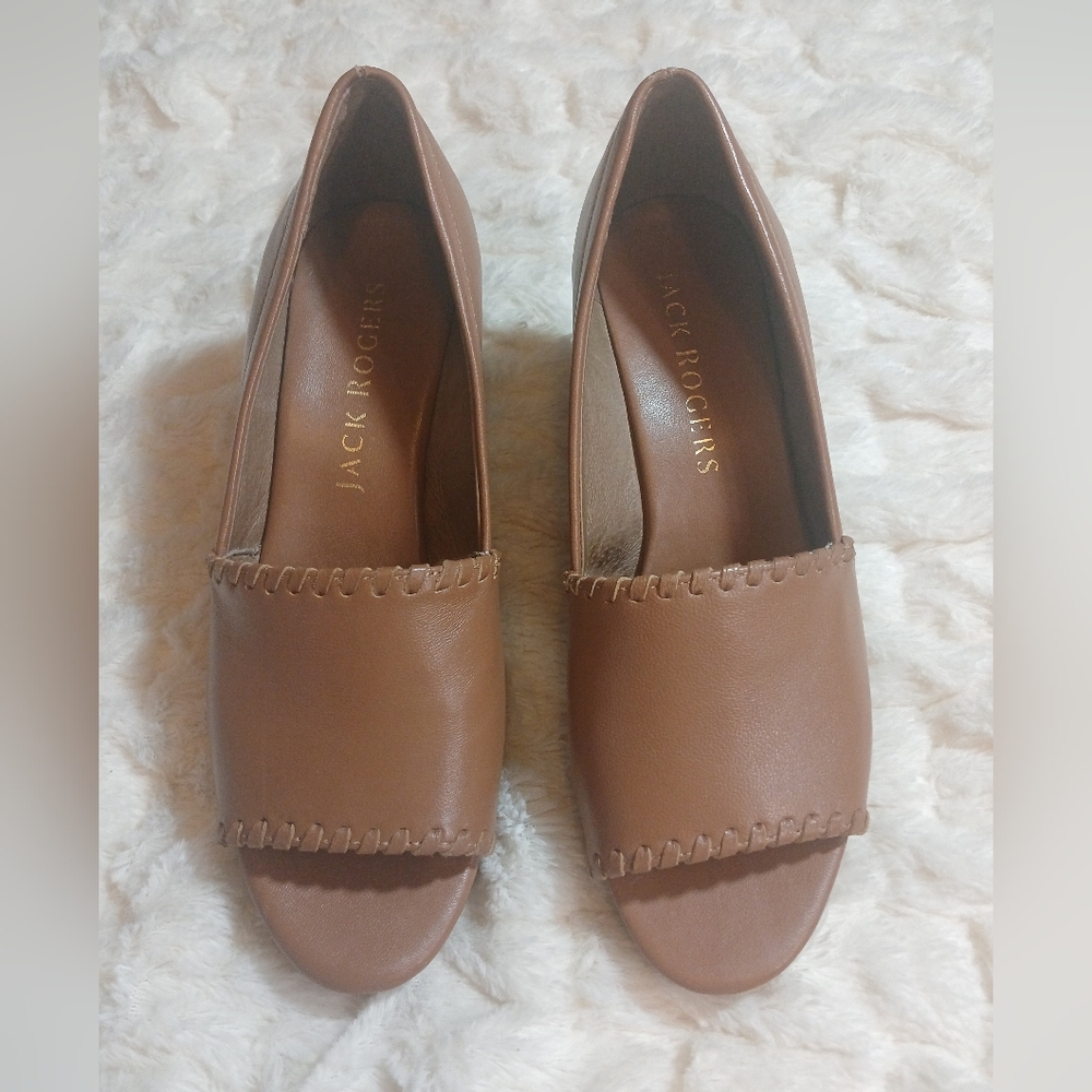 Jack Rogers Palmer Wedge Sandals Sz. 7.5M Brown Leather Whipstitch Trim Peep Toe